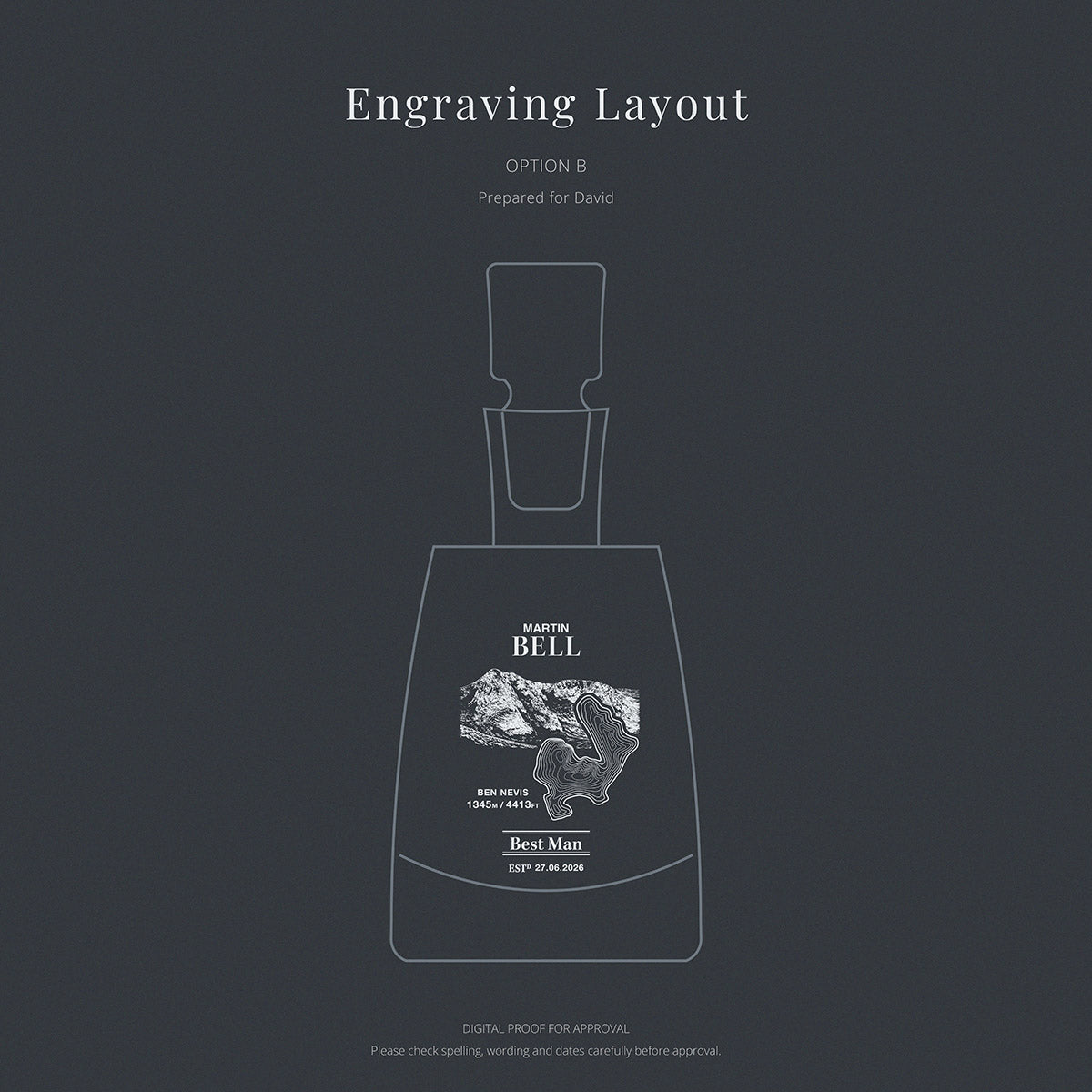 Engraving layout for a decanter featuring Ben Nevis, a topographic map with personalised text