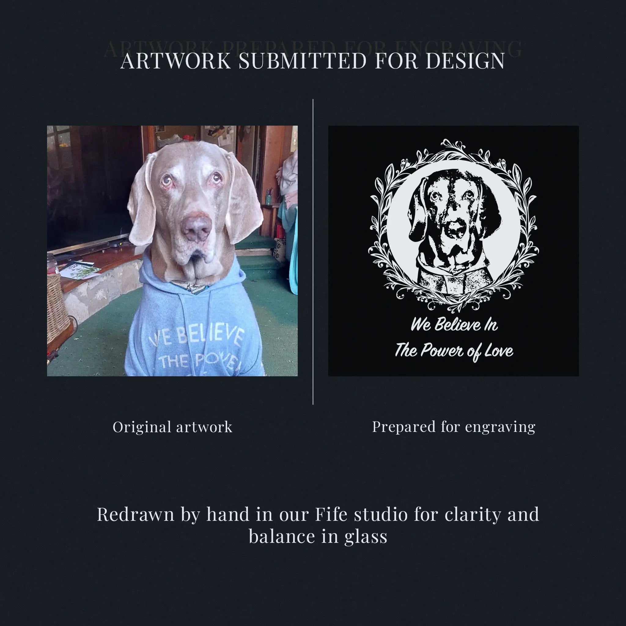 Original artwork of a dog wearing a hoodie with text, and a prepared version for engraving.