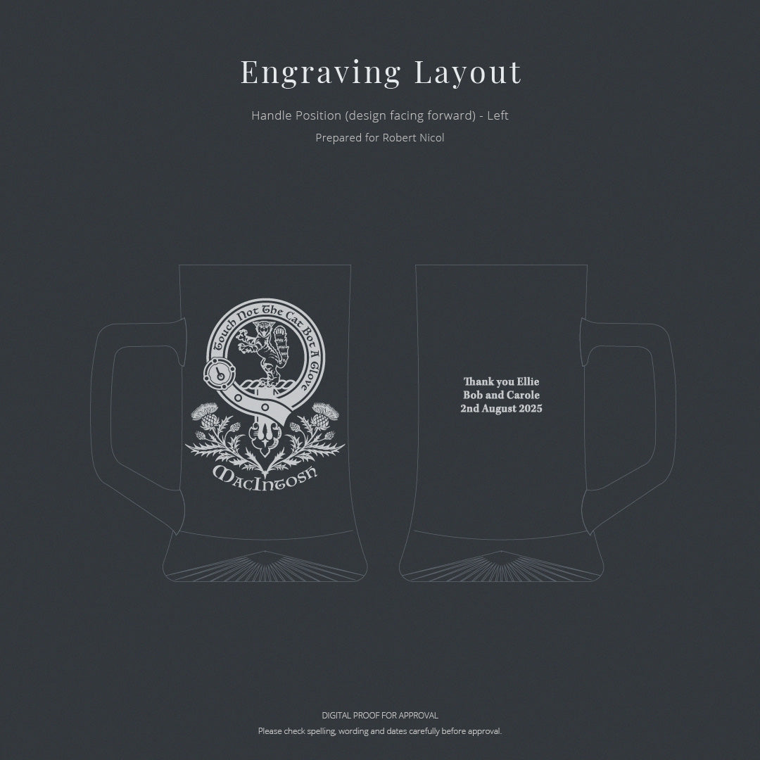 Engraving layout for an engraved glass tankard with a crest design 