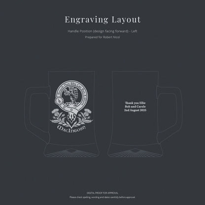 Engraving layout for an engraved glass tankard with a crest design 