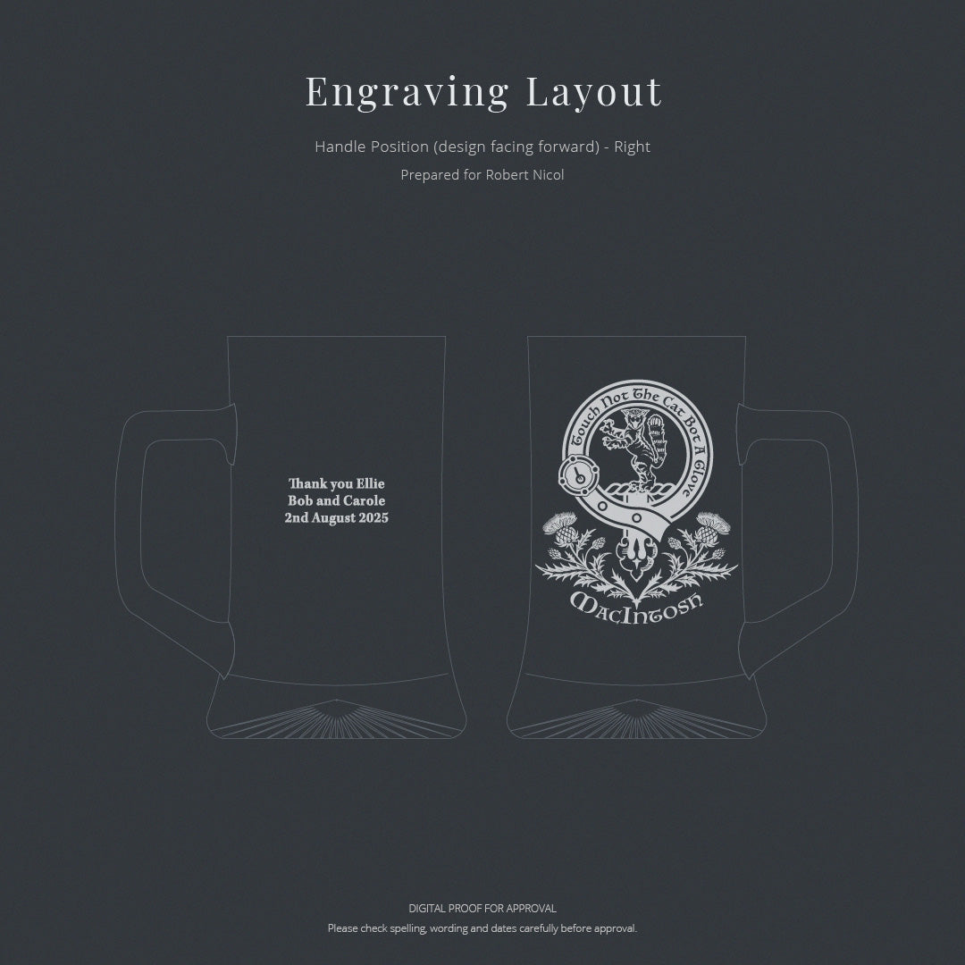 Engraving layout for a product with a crest design on a dark background