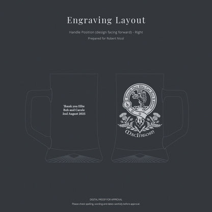 Engraving layout for a product with a crest design on a dark background