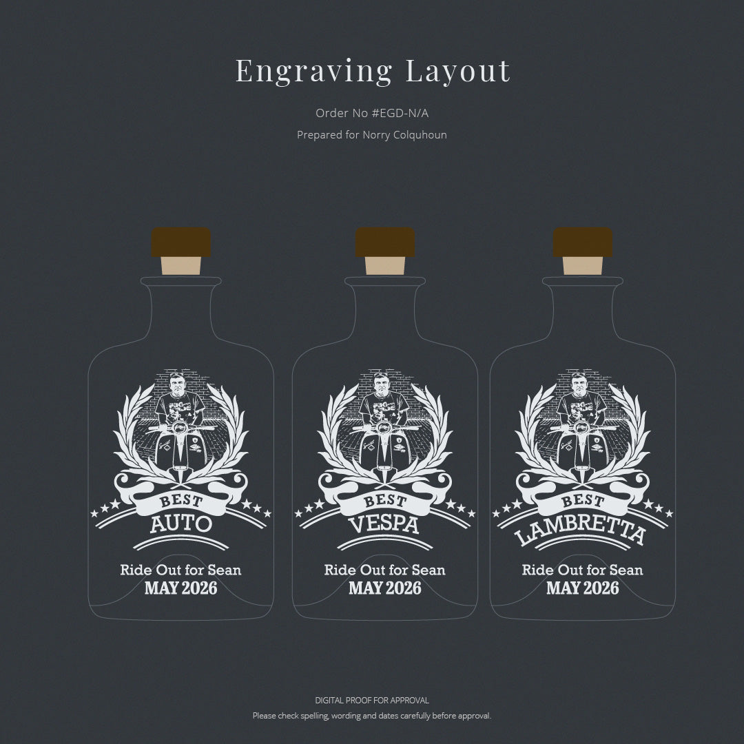 Three bottles with engraved designs and text on a dark background
