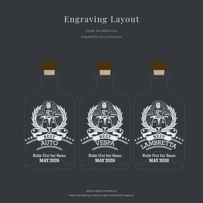 Three bottles with engraved designs and text on a dark background