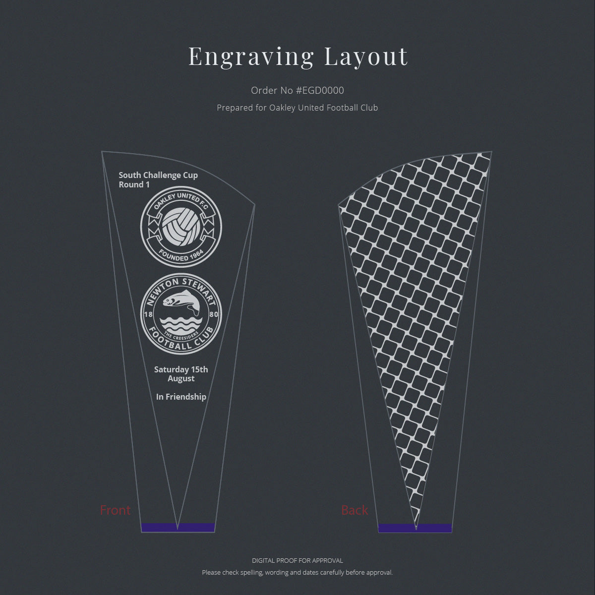 Digital engraving layout preview showing the front and back views of a tall, tapered trophy or award plaque design