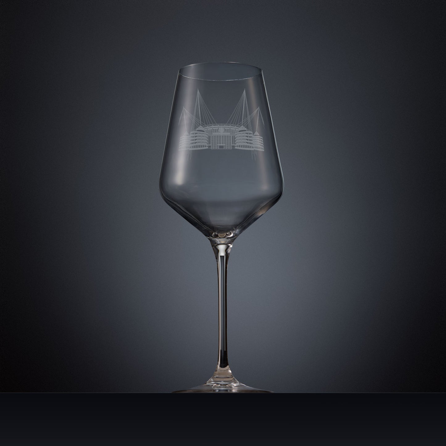 Engraved wine glass featuring a line-art illustration of the Etihad Stadium, shown on a dark background