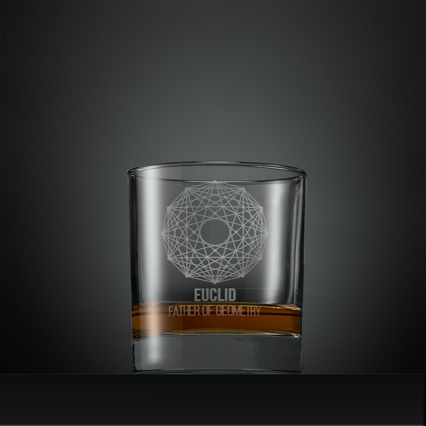 Engraved whisky glass with geometric design and 'Euclid, Father of Geometry' text