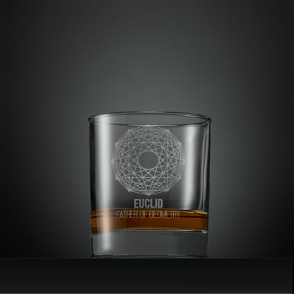 Engraved whisky glass with geometric design and 'Euclid, Father of Geometry' text