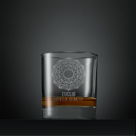 Engraved whisky glass with geometric design and 'Euclid, Father of Geometry' text