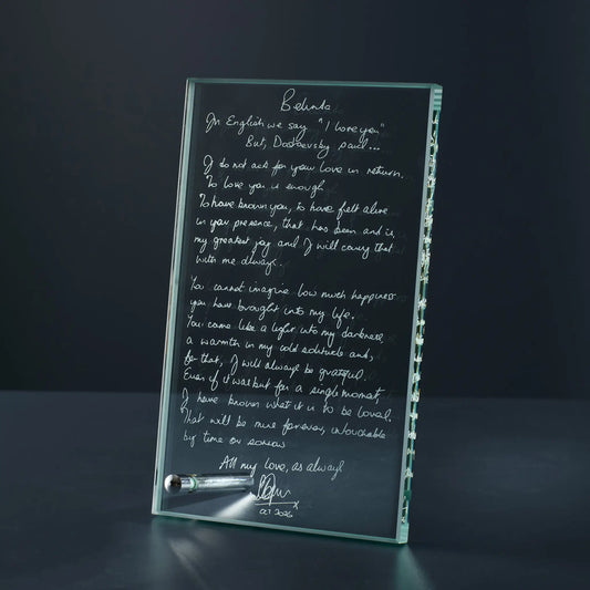 Rectangular display plaque engraved with  a handwritten letter from a husband to his wife on her birthday.