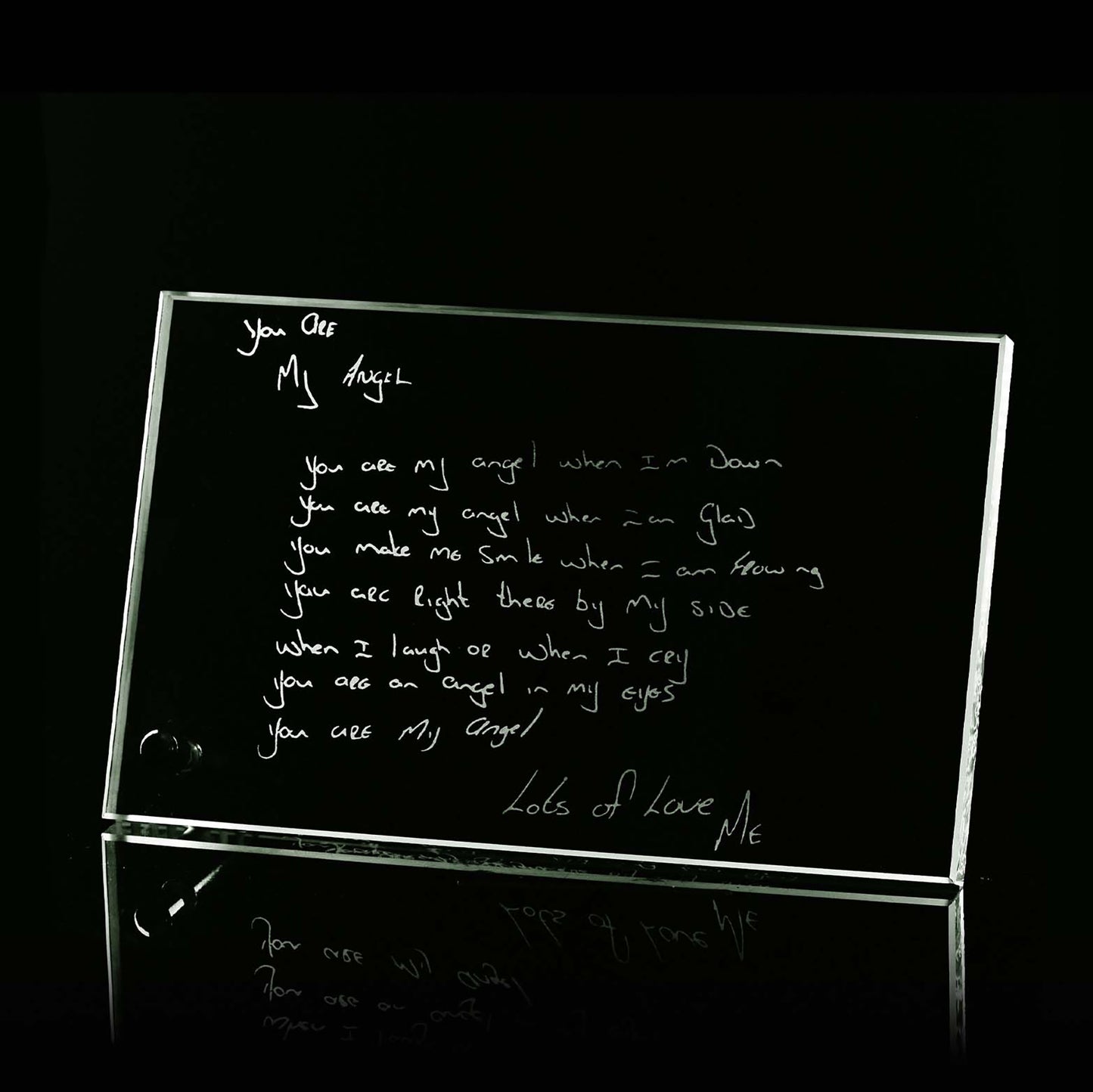 Glass plaque engraved with a handwritten message, a sentimental keepsake gift