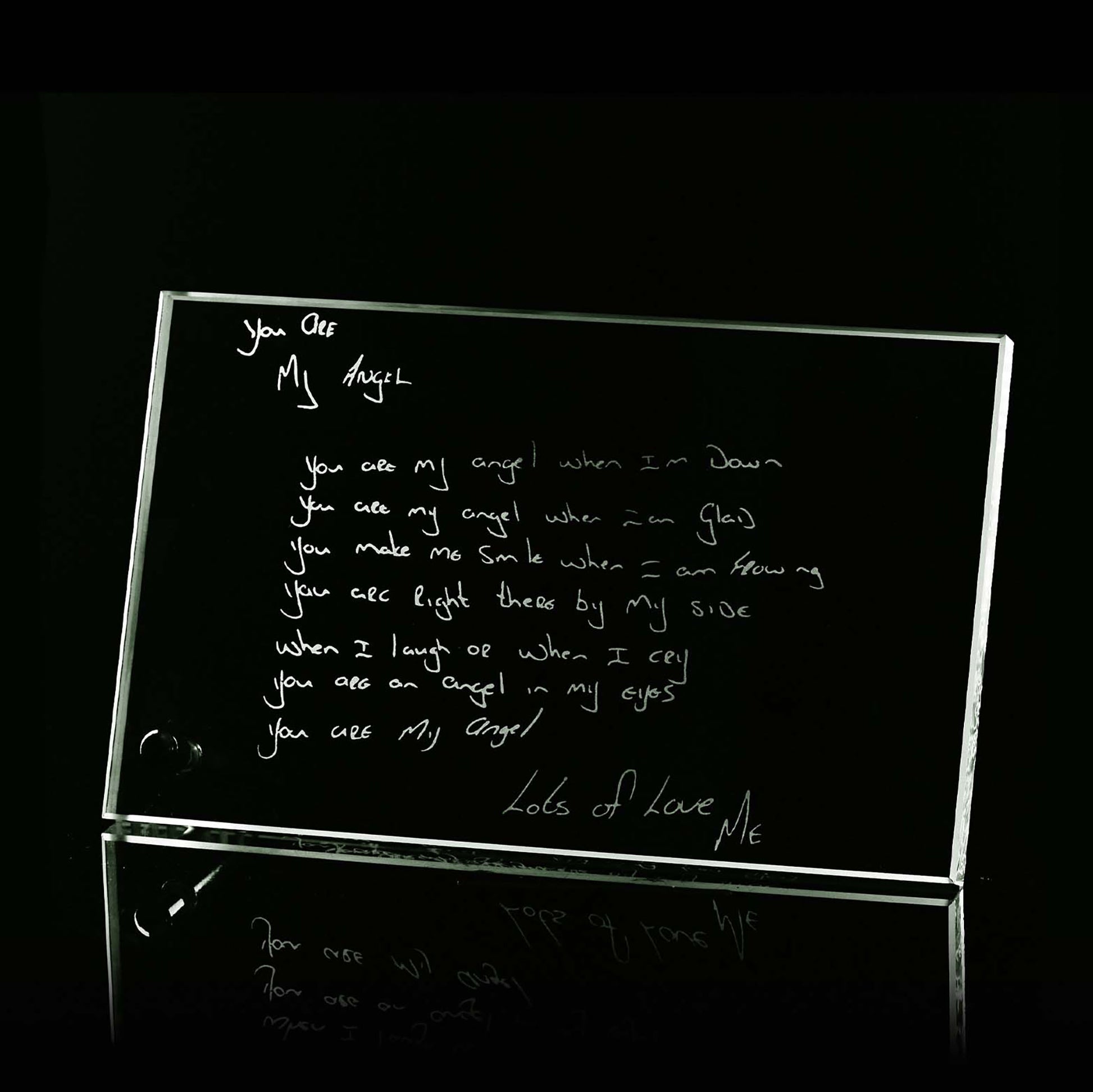 Glass plaque engraved with a handwritten message, a sentimental keepsake gift