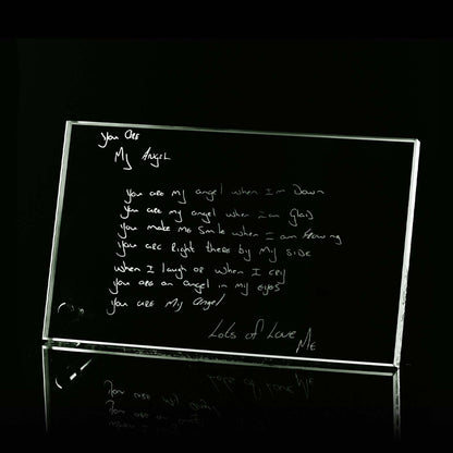 Glass plaque engraved with a handwritten message, a sentimental keepsake gift