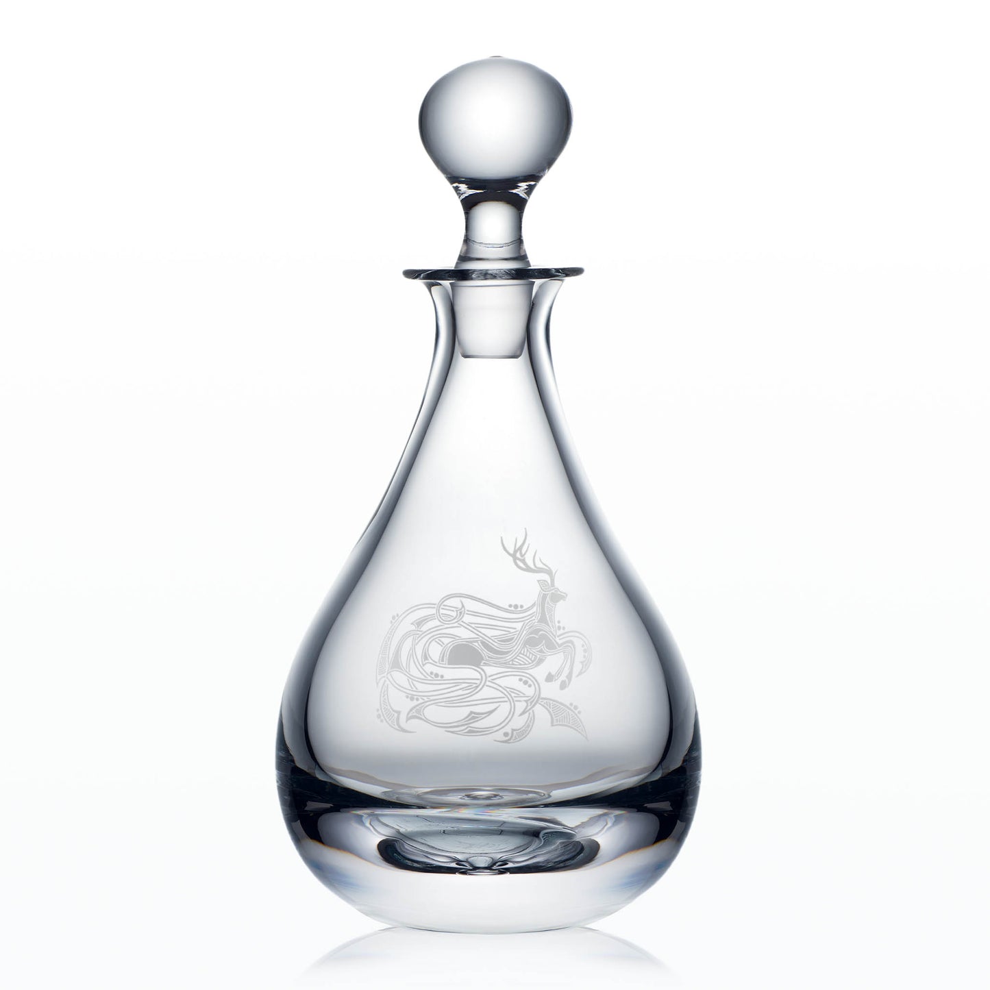Celtic Stag Wine Decanter – hand-engraved glass in elegant teardrop form