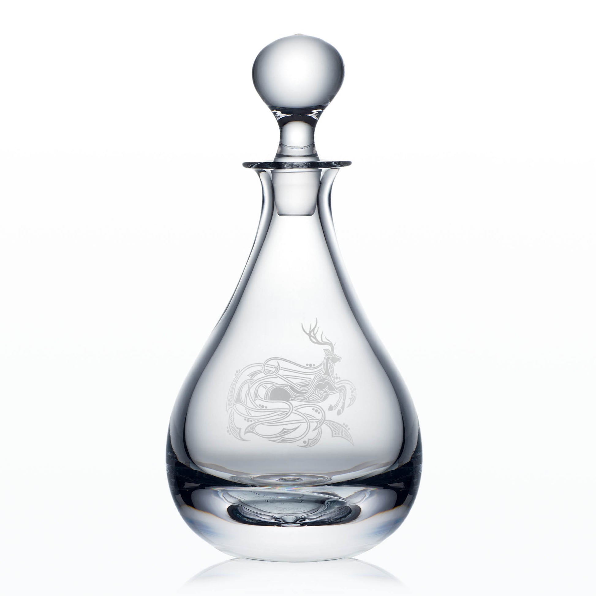 Celtic Stag Wine Decanter – hand-engraved glass in elegant teardrop form