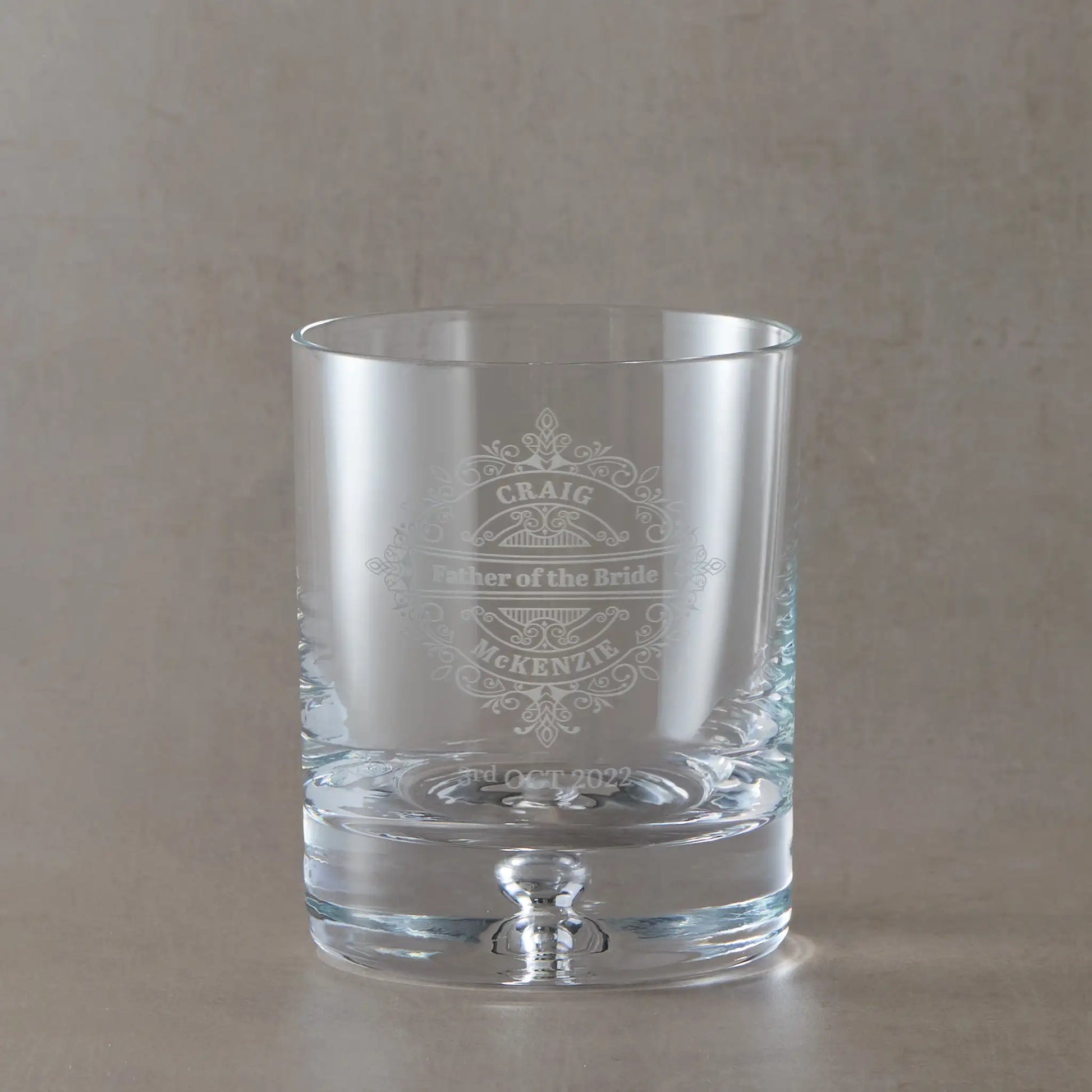 Whisky glass engraved with father of the bride, name and wedding date surrounded by  venetian lace design