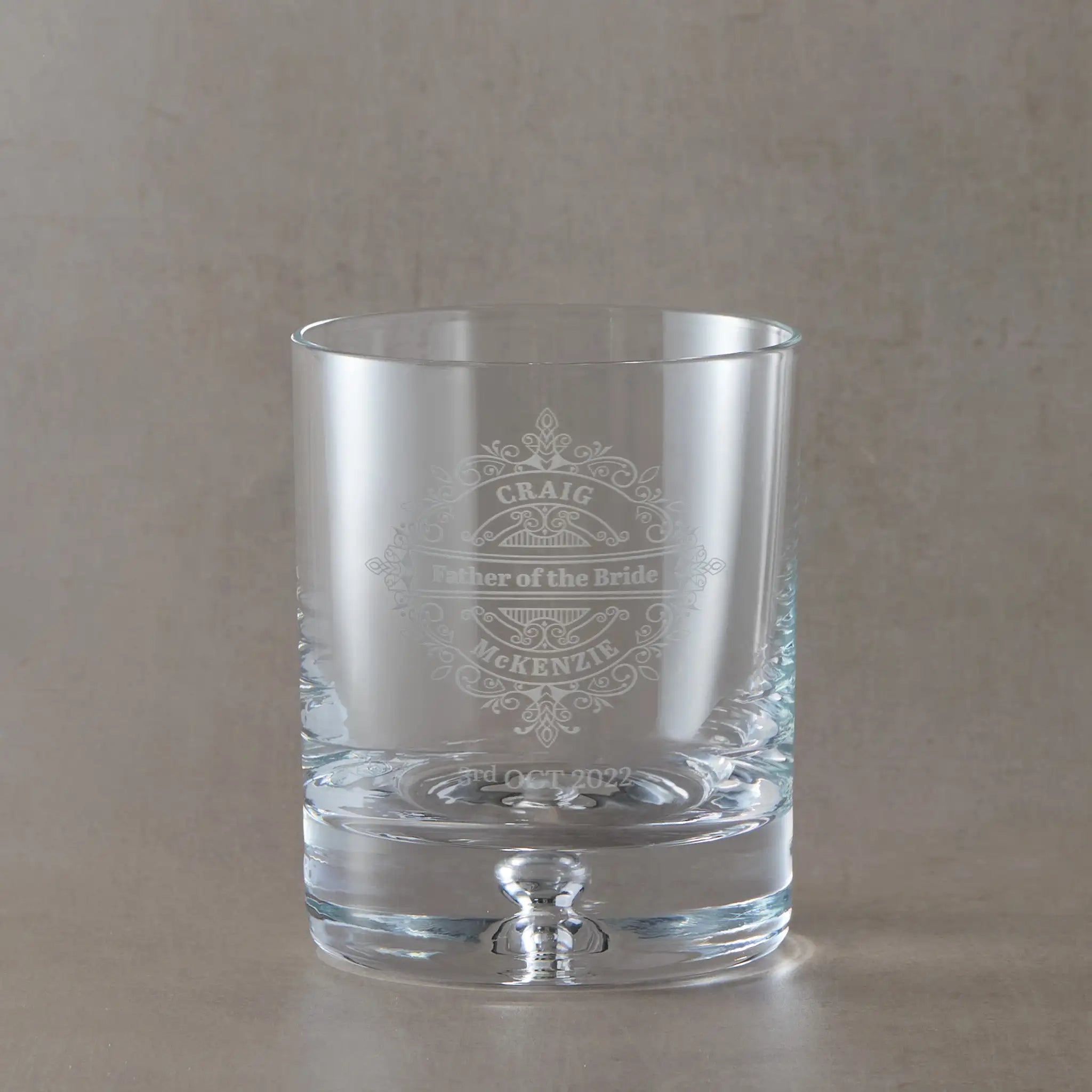 Whisky glass engraved with father of the bride, name and wedding date surrounded by  venetian lace design