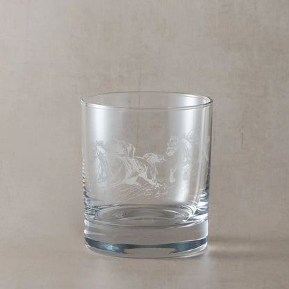 Horse whisky glass featuring two Jockeys racing  the final furlong