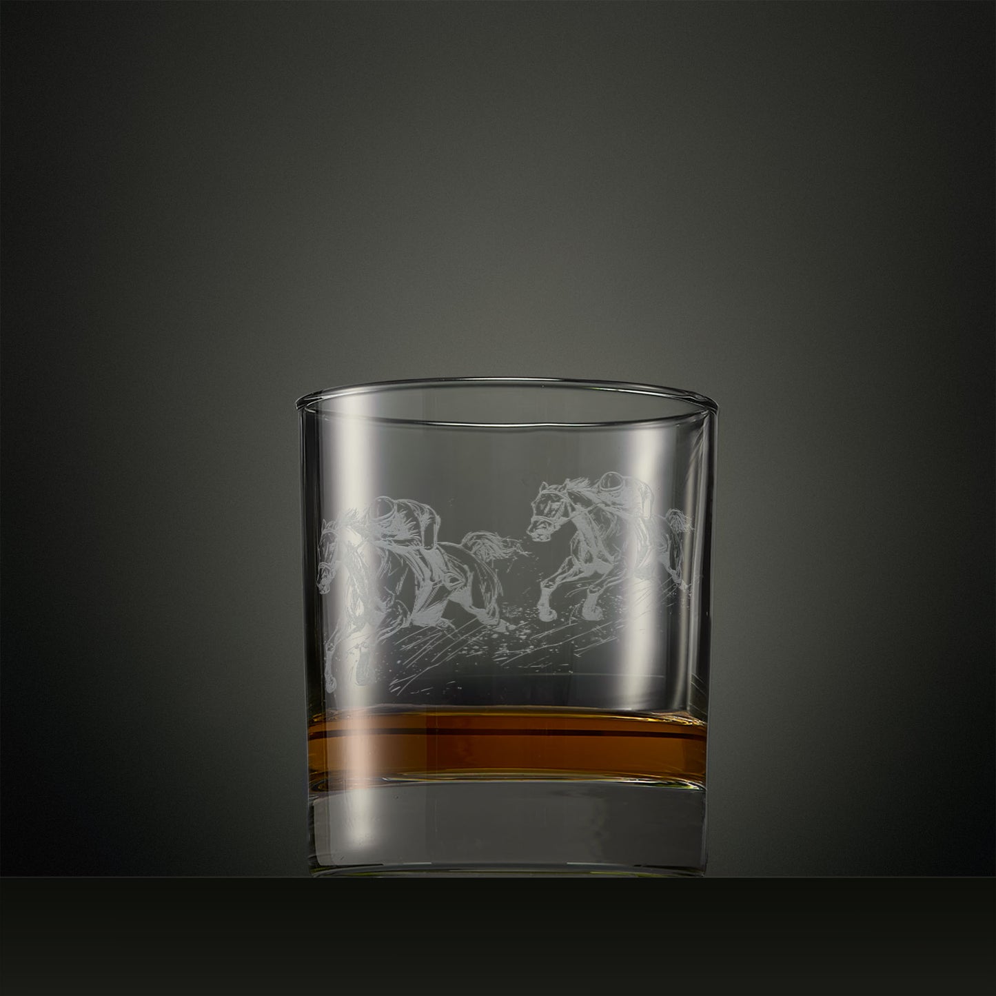 Whisky glass engraved with galloping racehorses, personalised horse racing gift.