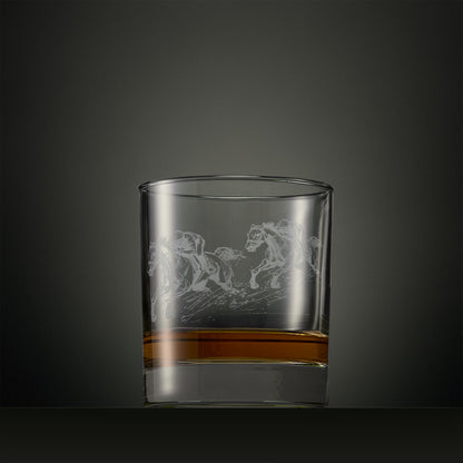 Whisky glass engraved with galloping racehorses, personalised horse racing gift.