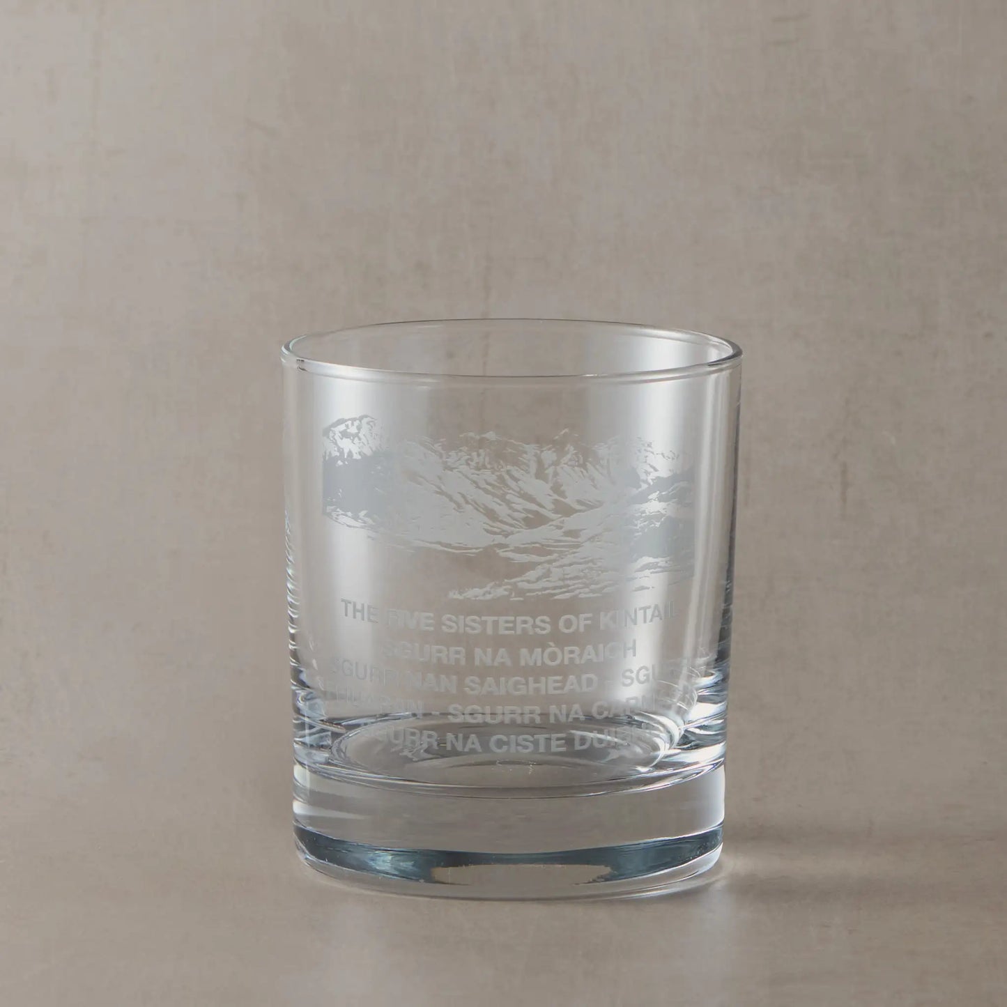 Whisky glass engraved with the Five Sisters of Kintail and their individual Scottish names