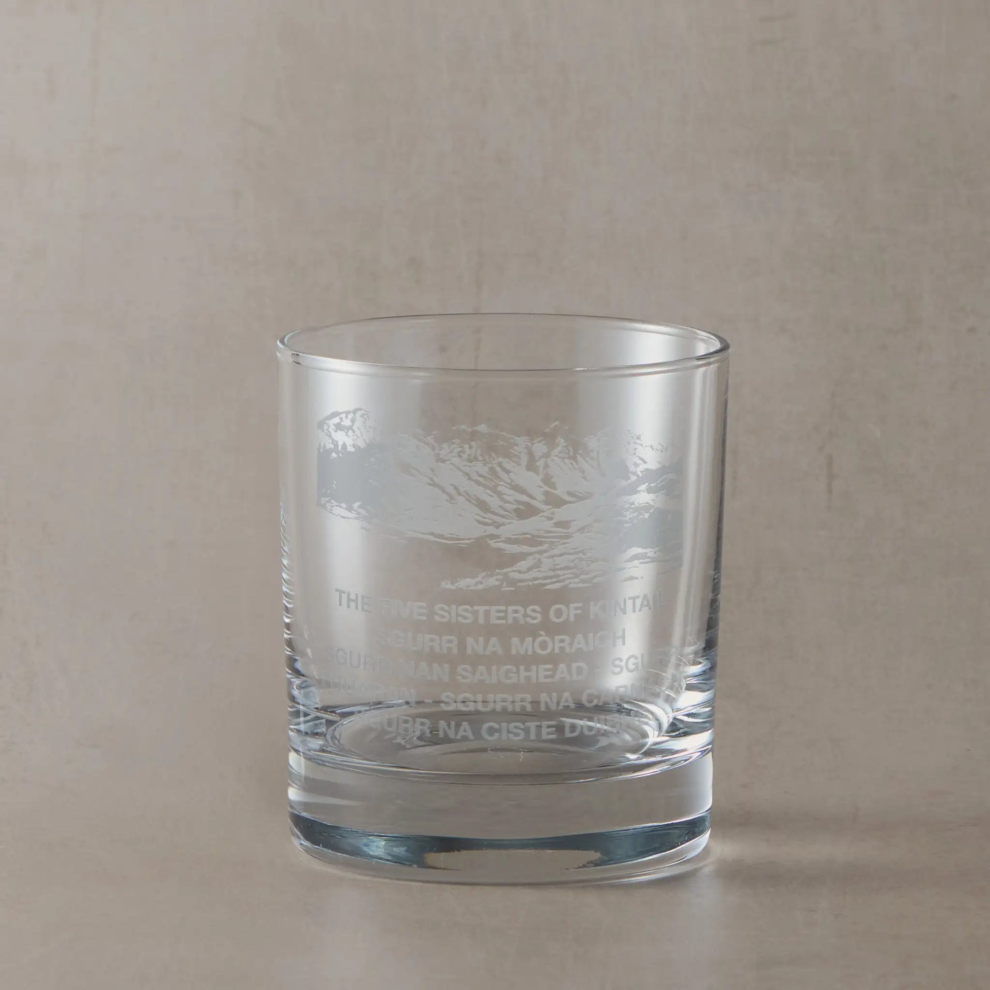 Whisky glass engraved with the Five Sisters of Kintail and their individual Scottish names