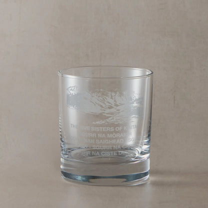 Whisky glass engraved with the Five Sisters of Kintail and their individual Scottish names