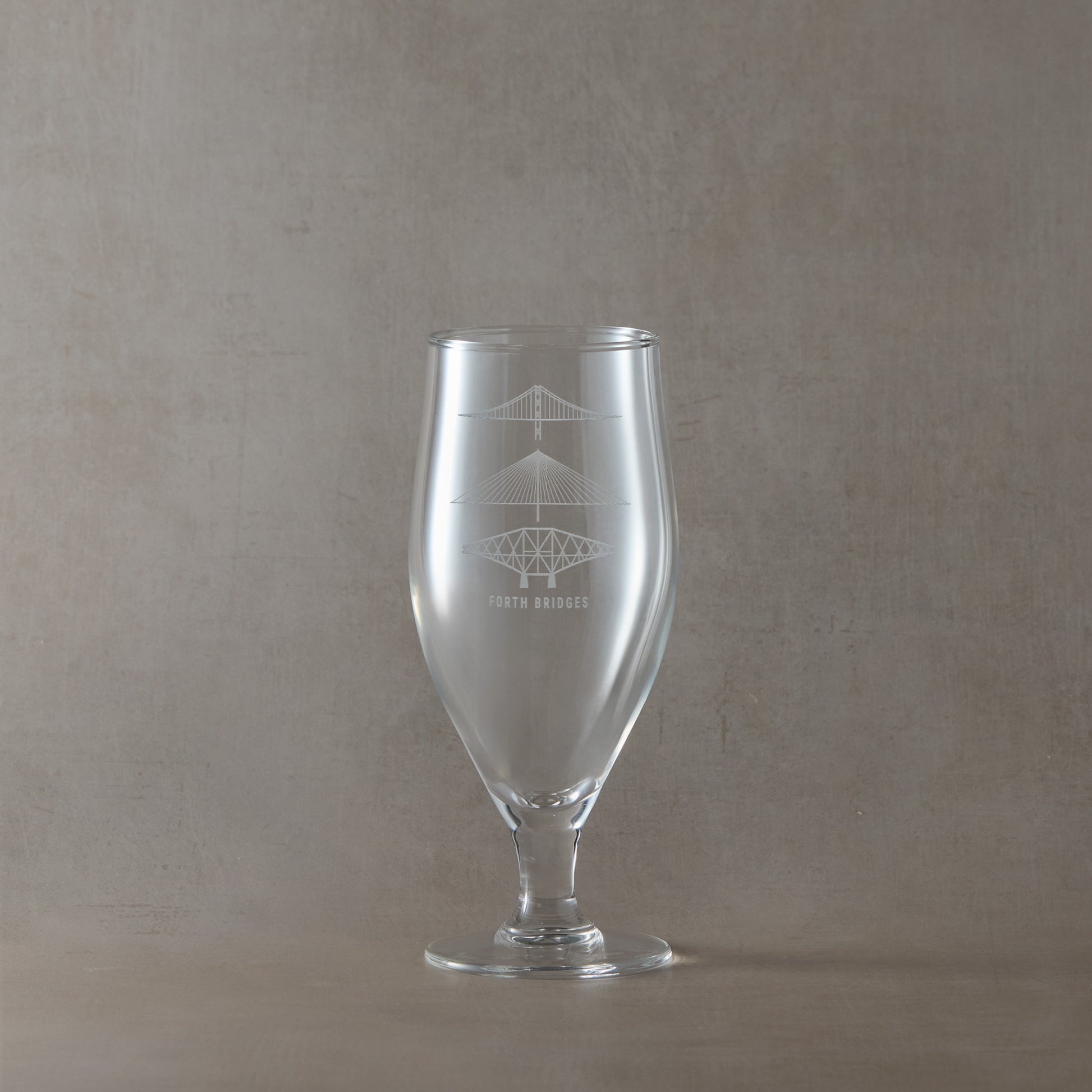 Engraved stemmed beer glass forth rail bridge, forth road bridge, queensferry crossing