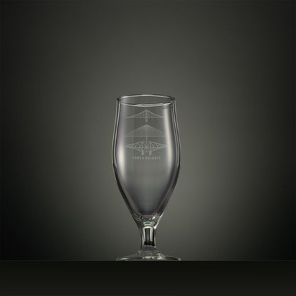 Engraved stemmed beer glass with Forth bridges illustration