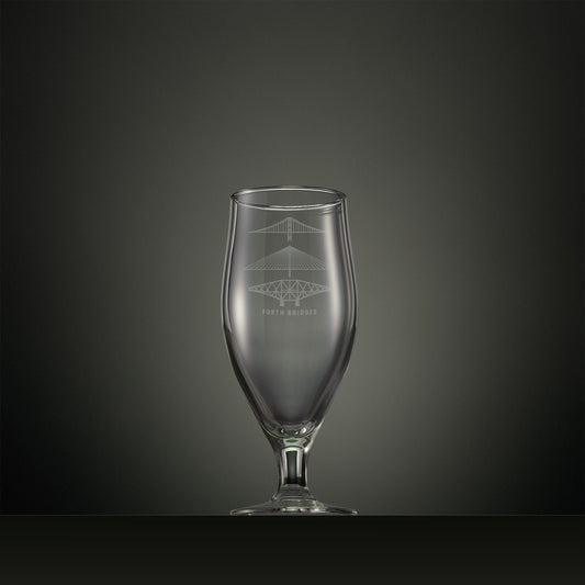 Engraved stemmed beer glass with Forth bridges illustration