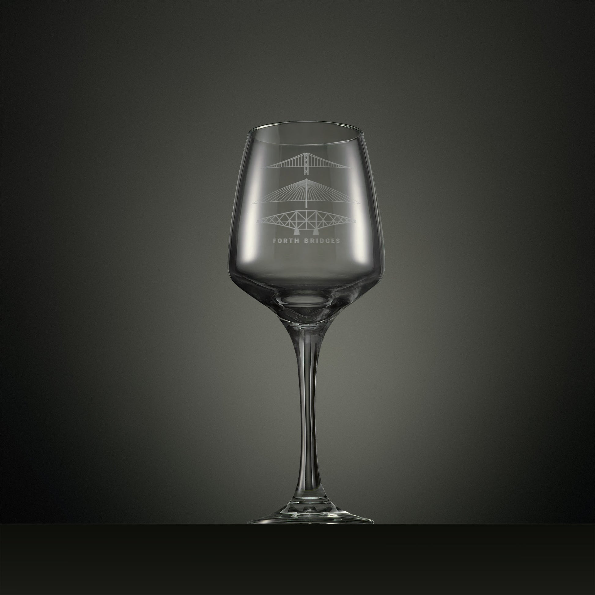 Engraved wine glass with Forth bridges illustration
