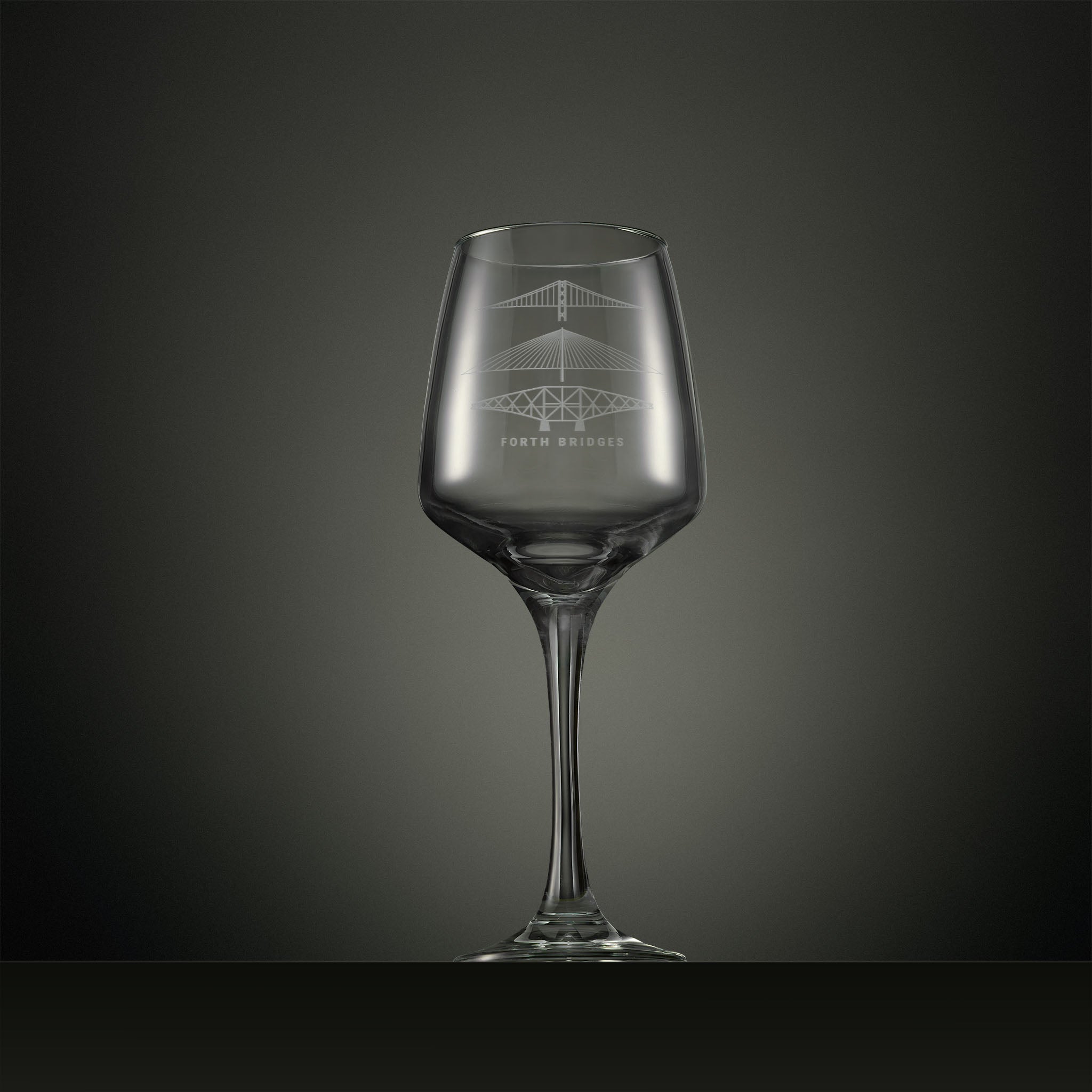 Engraved wine glass with Forth bridges illustration