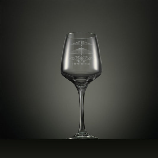 Engraved wine glass with Forth bridges illustration
