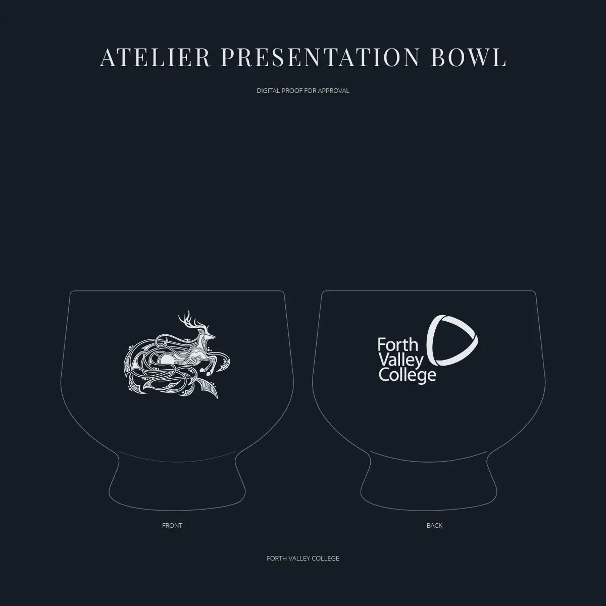 Design of a 'Atelier Presentation Bowl' with branding on a black background