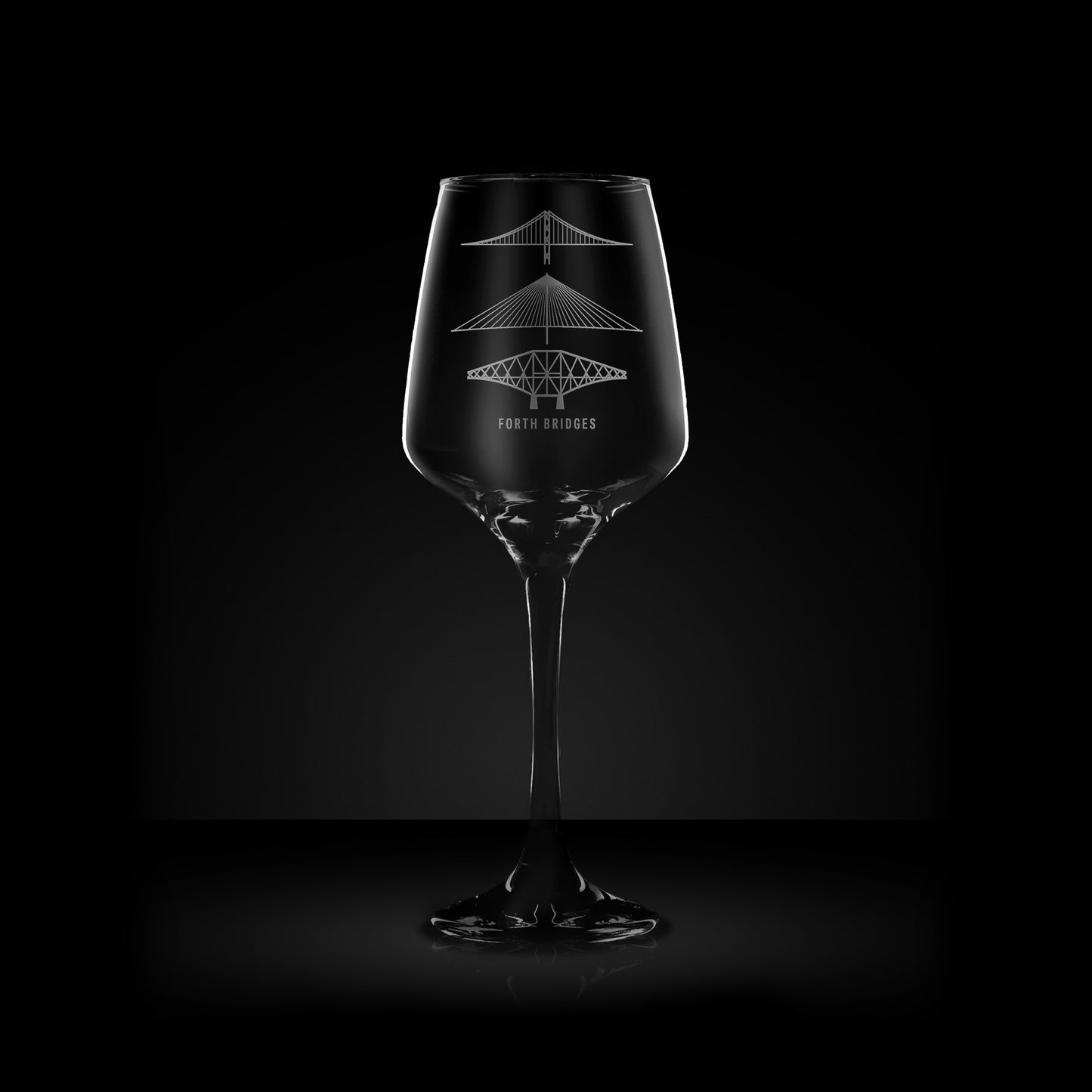 wine glass engraved with the forth rail bridge, forth road bridge and queensferry crossing