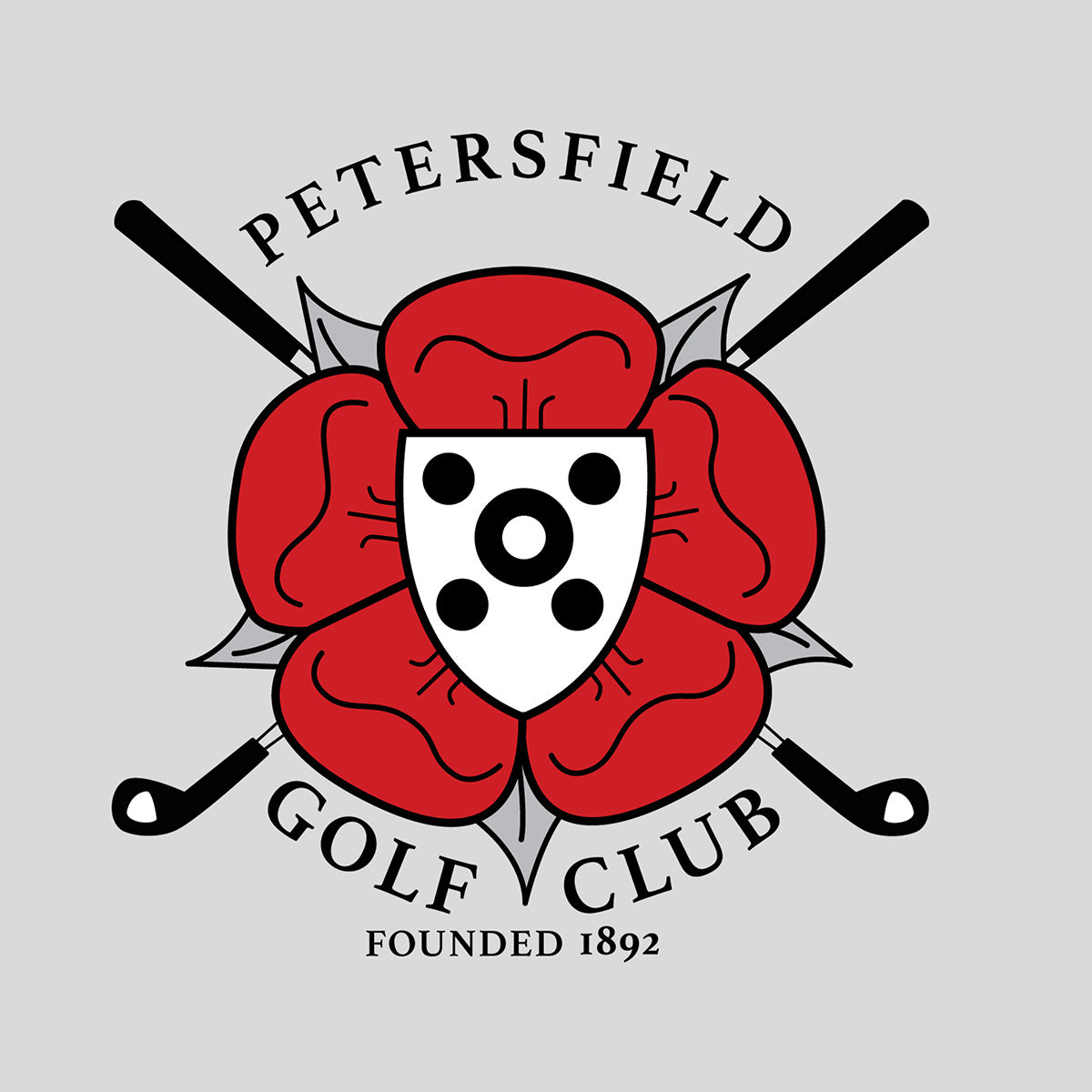 Original golf club logo submitted for sandblast engraving featuring a red rose, and white shield with black dots.