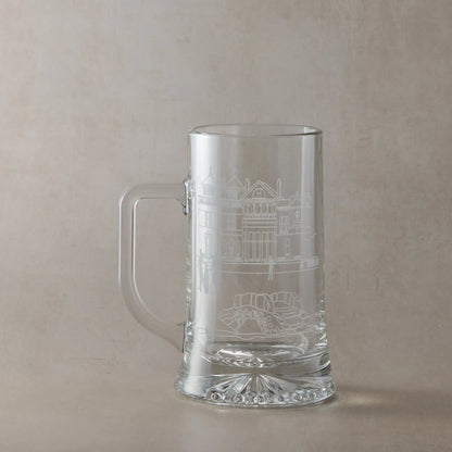Engraved glass tankard with St Andrews illustration, handle left of design