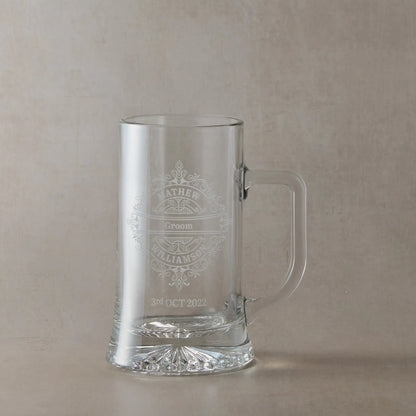 Tankard engraved with venetian lace design, grooms name and wedding date, shown on a neutral background