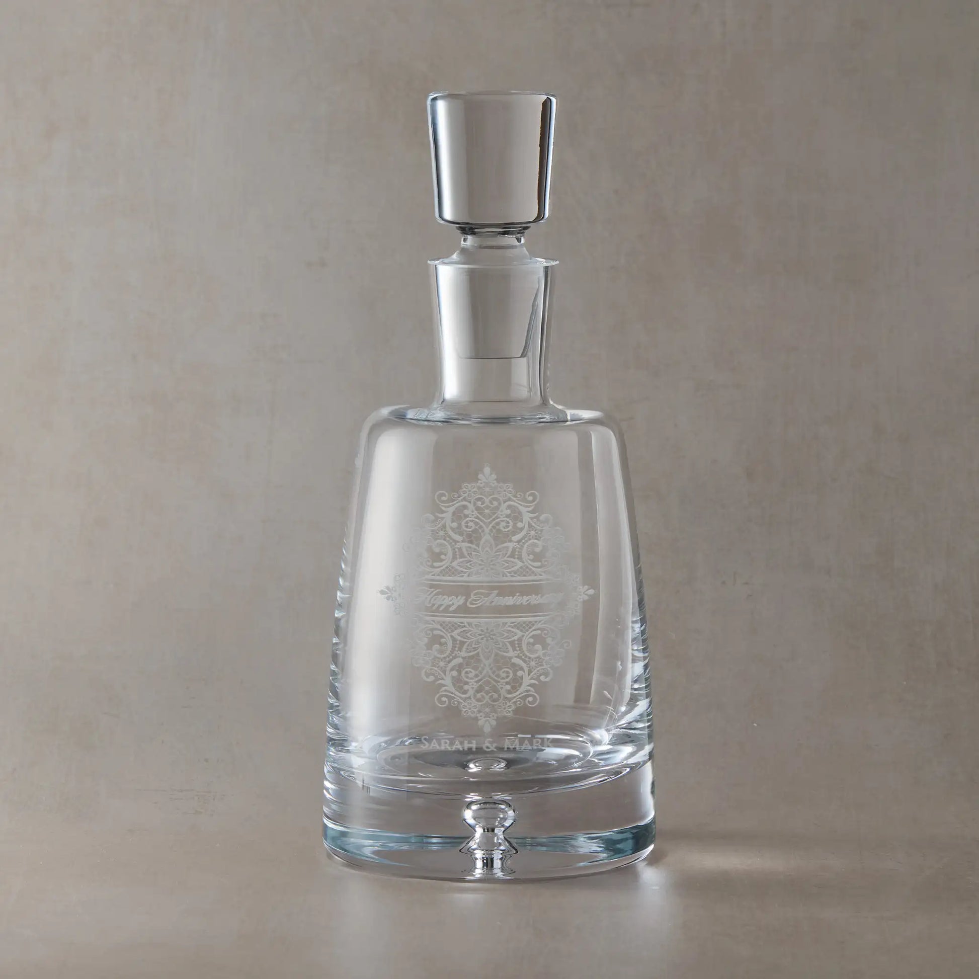 Personalised spirit decanter engraved with a floral guipure lacework design and Happy Anniversay.