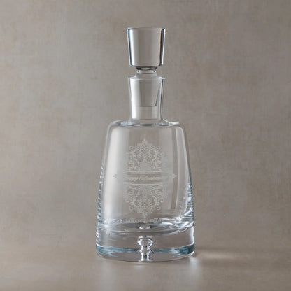 Personalised spirit decanter engraved with a floral guipure lacework design and Happy Anniversay.