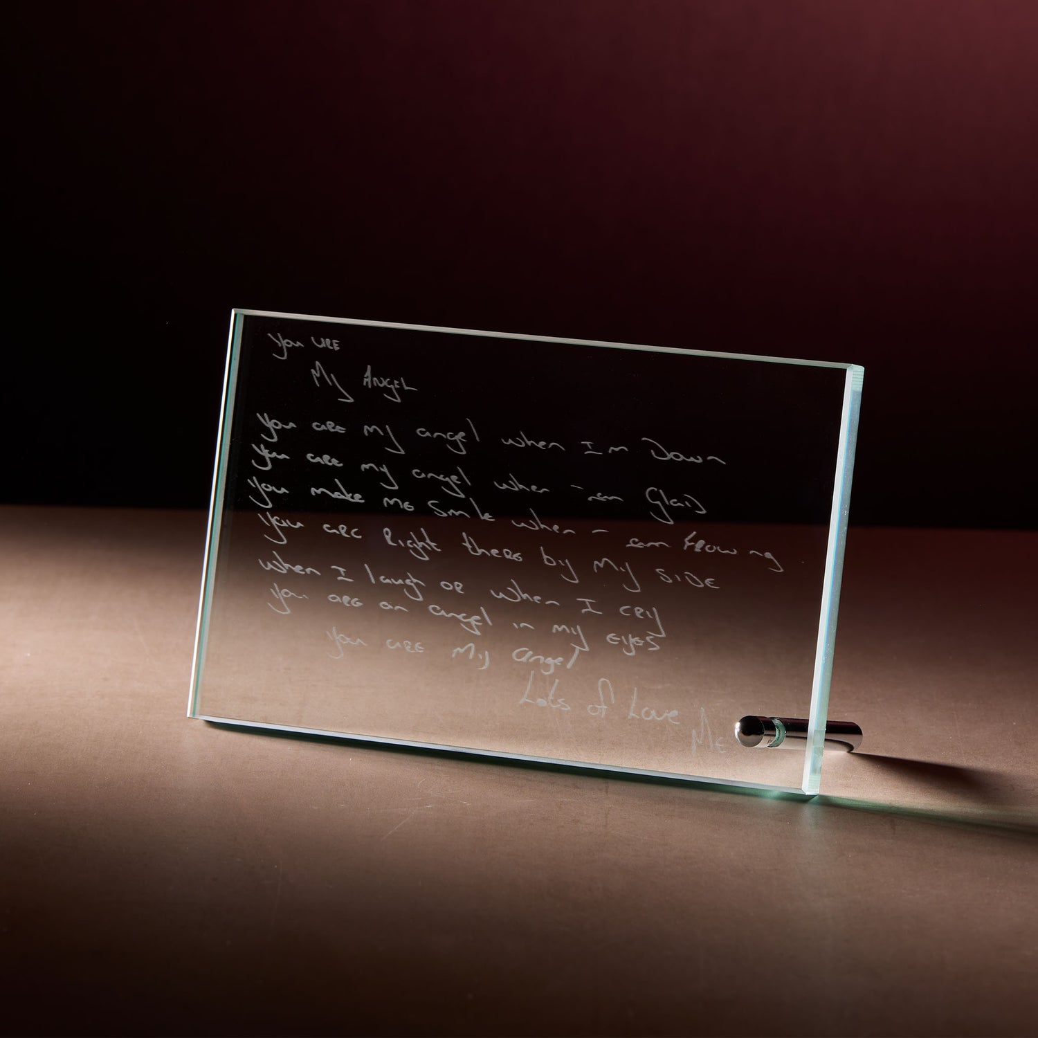 Engraved jade glass display plaque with handwritten poem