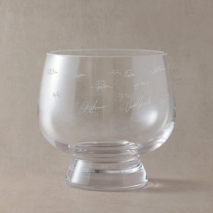 Engraved presentation bowl with real handwritten signatures, carefully arranged around the glass to create a lasting record of a team, milestone, or farewell gift.