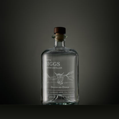 Engraved apothecary-style decanter with a Highland cow, Gaelic text and personalised message