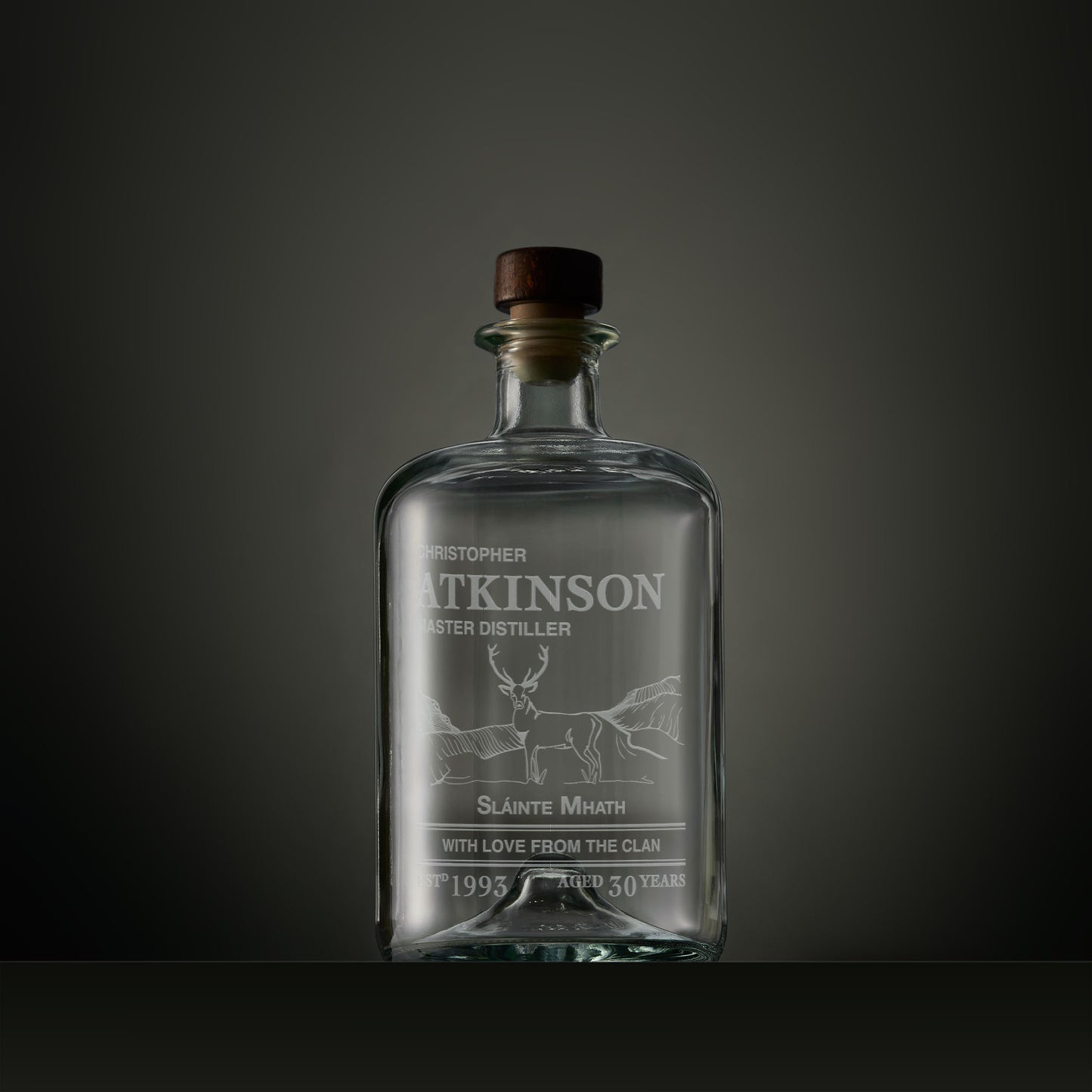 Engraved apothecary-style decanter with a Highland stag, Gaelic text and personalised message