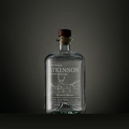 Engraved apothecary-style decanter with a Highland stag, Gaelic text and personalised message