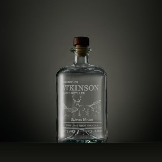 Engraved apothecary-style decanter with a Highland stag, Gaelic text and personalised message