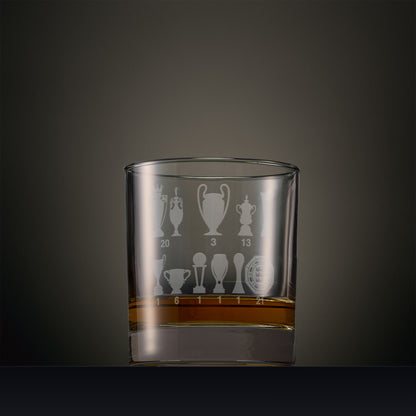 Engraved whisky glass featuring eleven trophy silhouettes with engraved numbers, shown on a dark background