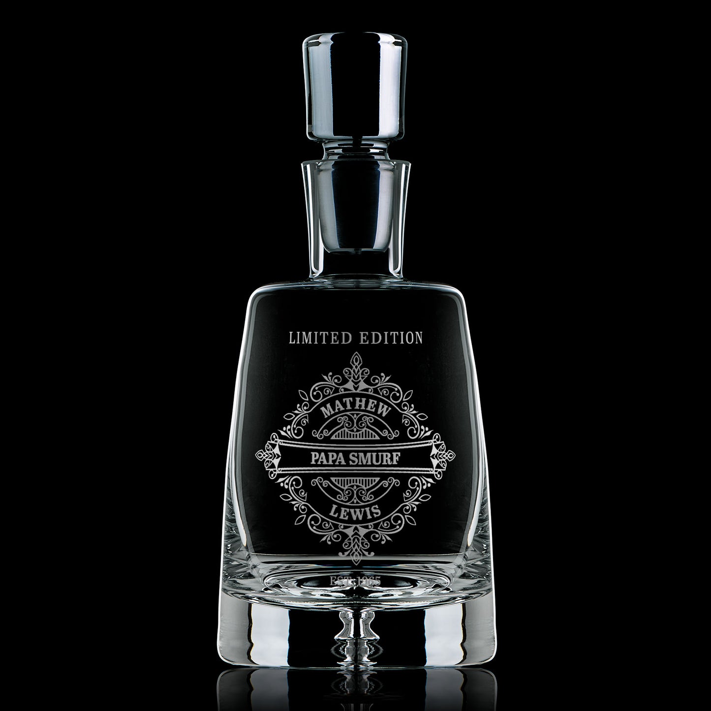 Elegant engraved glass decanter with intricate classical design, personalised for a birthday