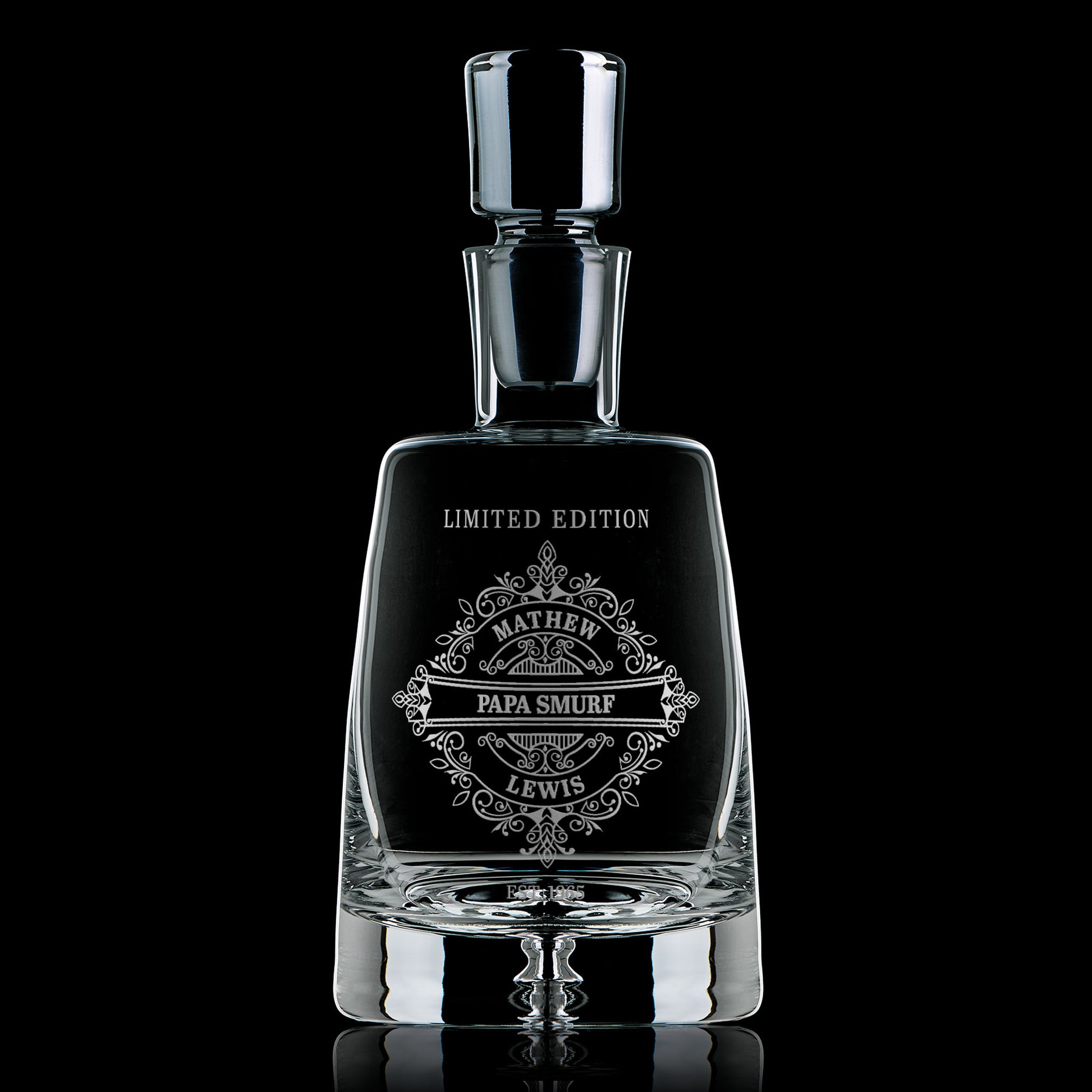 Elegant engraved glass decanter with intricate classical design, personalised for a birthday