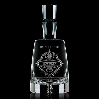Elegant engraved glass decanter with intricate classical design, personalised for a birthday